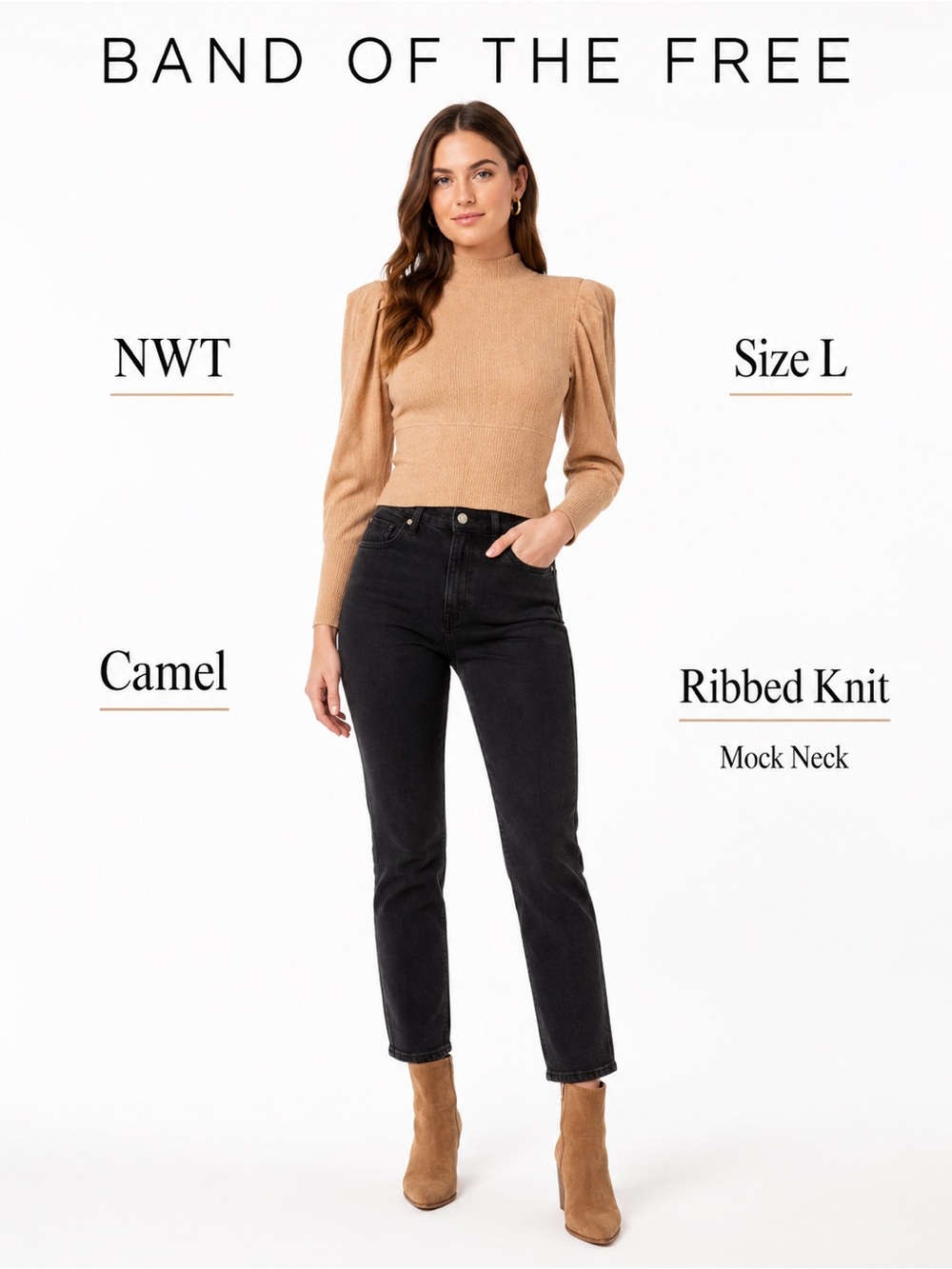 Band of the Free NWT Camel Ribbed Mock Neck Sweater Top Size L